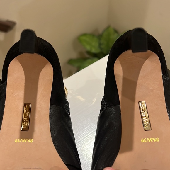 LOUISE ET CIE WOMEN’S IDOLA BLACK LEATHER & SUEDE SANKLE BOOTIE PEEP TOE SIZ 8.5 - Picture 16 of 17